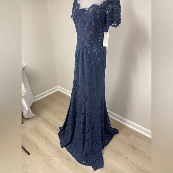 NWT Rene Ruiz Illusion Lace Floral Gown Navy Blue Size 6 - Picture 10 of 16